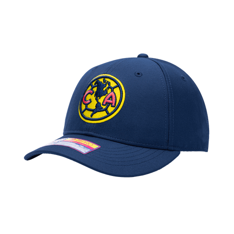 Side view of the Club America Standard Adjustable hat with mid constructured crown, curved peak brim, and slider buckle closure, in Navy.