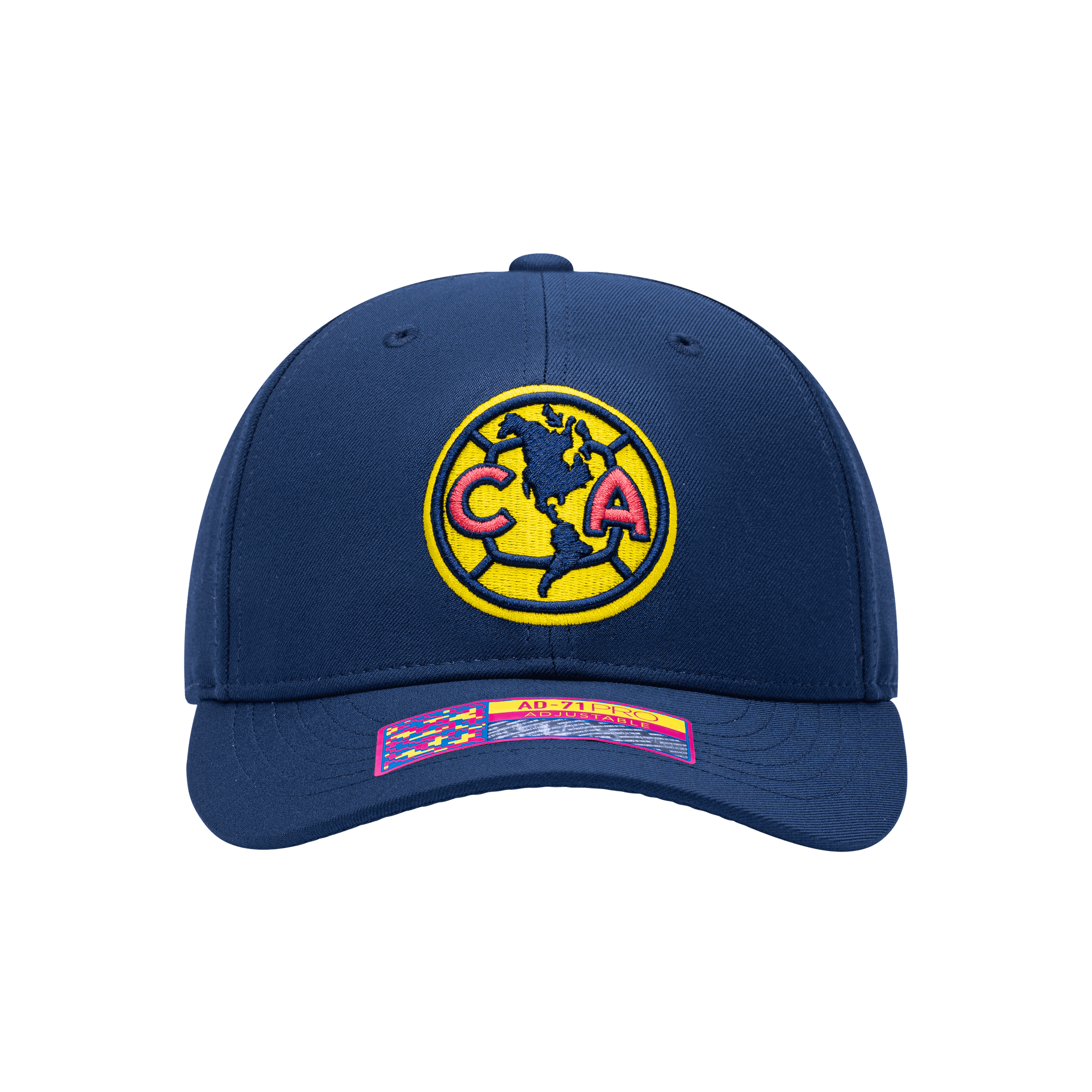 Front view of the Club America Standard Adjustable hat with mid constructured crown, curved peak brim, and slider buckle closure, in Navy.
