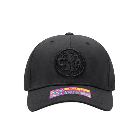 Front view of the Club America Dusk Adjustable hat with mid constructured crown, curved peak brim, and slider buckle closure, in Black.