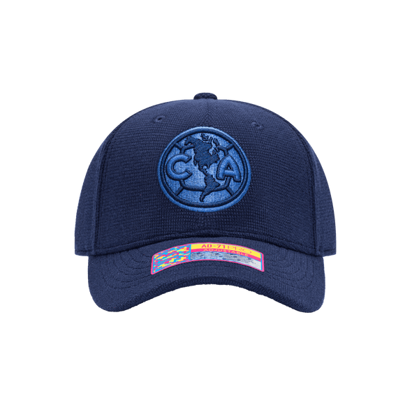 Front view of the Club America Club Ink Adjustable with high crown, curved brim, and adjustable strap, in blue.