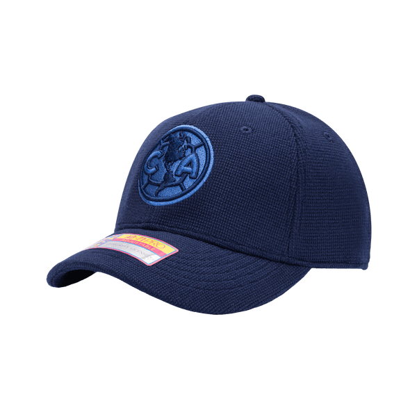 Side view of the Club America Club Ink Adjustable with high crown, curved brim, and adjustable strap, in blue.