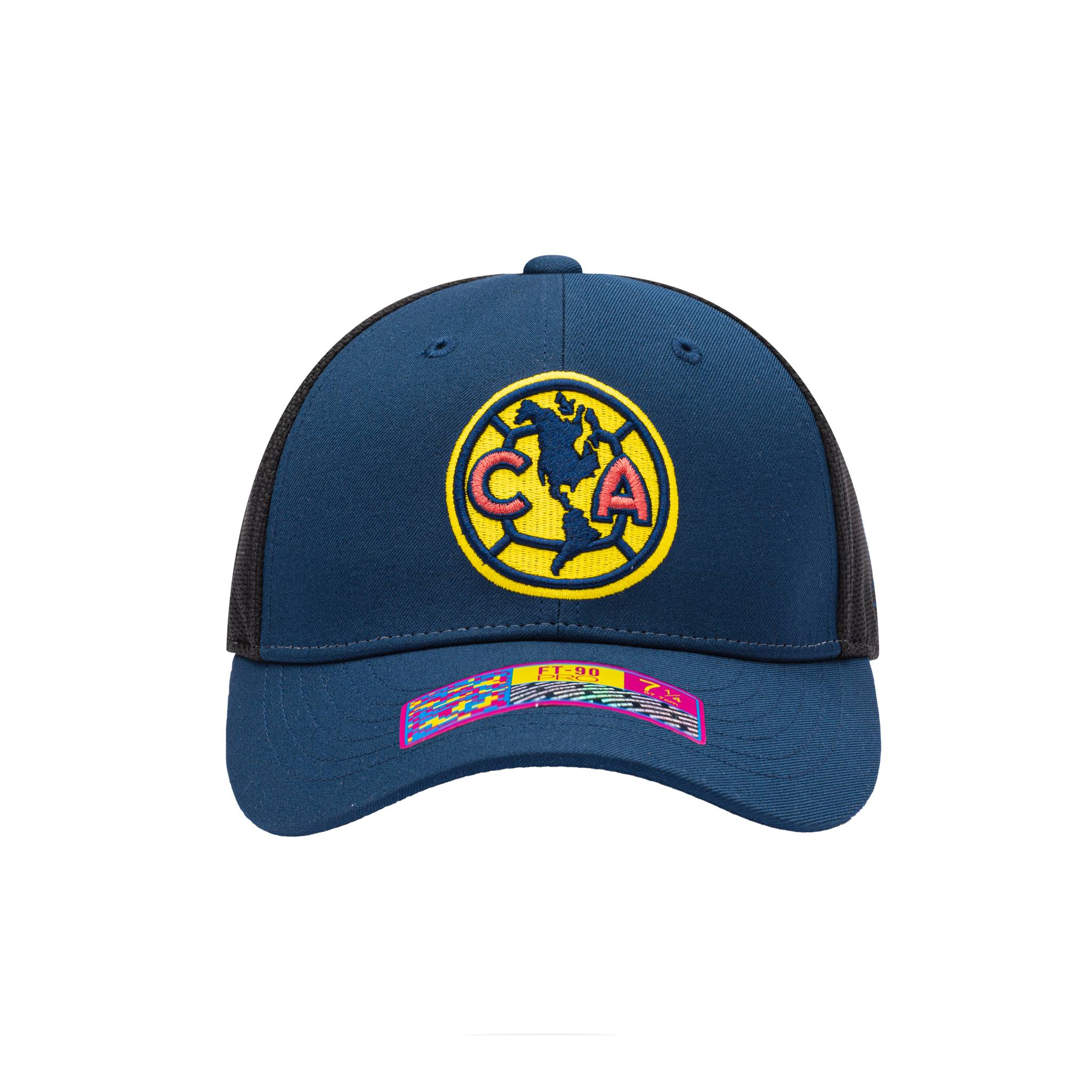 Front view of the Club America Breakaway Stretch hat with mid structured crown, curved peak brim, back stretch panels, in Navy/Black