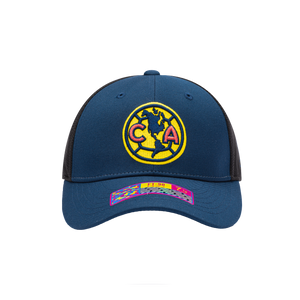 Front view of the Club America Breakaway Stretch hat with mid structured crown, curved peak brim, back stretch panels, in Navy/Black