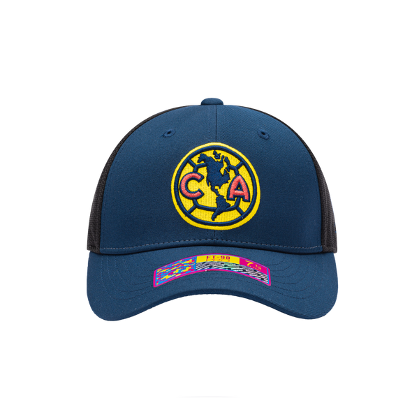 Front view of the Club America Breakaway Stretch hat with mid structured crown, curved peak brim, back stretch panels, in Navy/Black