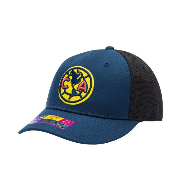 Side view of the Club America Breakaway Stretch hat with mid structured crown, curved peak brim, back stretch panels, in Navy/Black