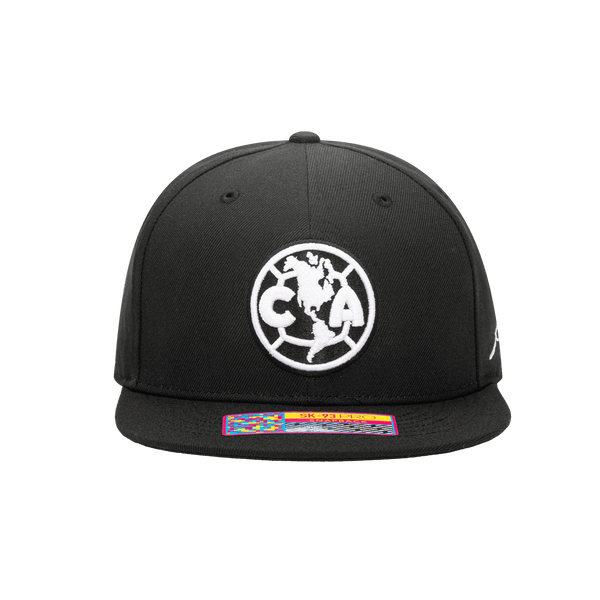Front view of the Club America Hit Snapback with high crown, flat peak, and snapback closure, in Black