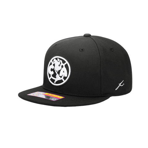 Side view of the Club America Hit Snapback with high crown, flat peak, and snapback closure, in Black