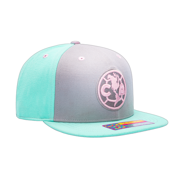 View of right side of Blue Pink Grey Club America Soft Touch Snapback