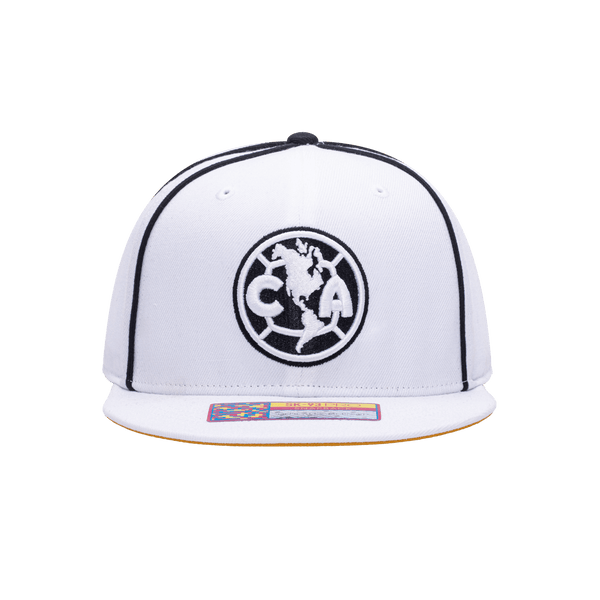 Front view of the Club America Cali Day Snapback with high crown, flat peak, and snapback closure, in white/black.