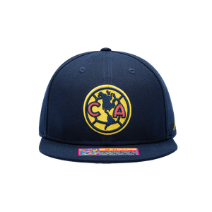 Front view of the Club America Dawn Snapback in navy, with high crown and flat peak.