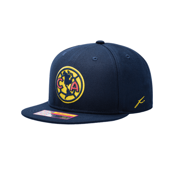 Side view of the Club America Dawn Snapback in navy, with high crown and flat peak.