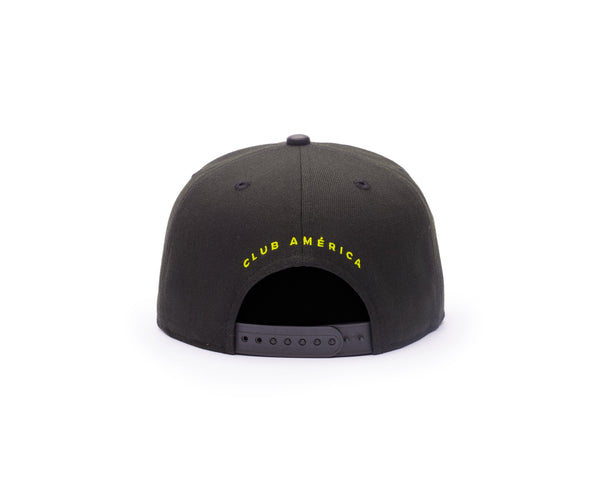 View of back side of Club America Cool 3 Snapback with Club America Team name embroidered on the back in Yellow