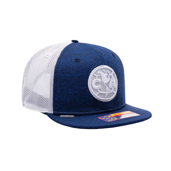 View of right side of white and blue Club America Dribbling Snapback