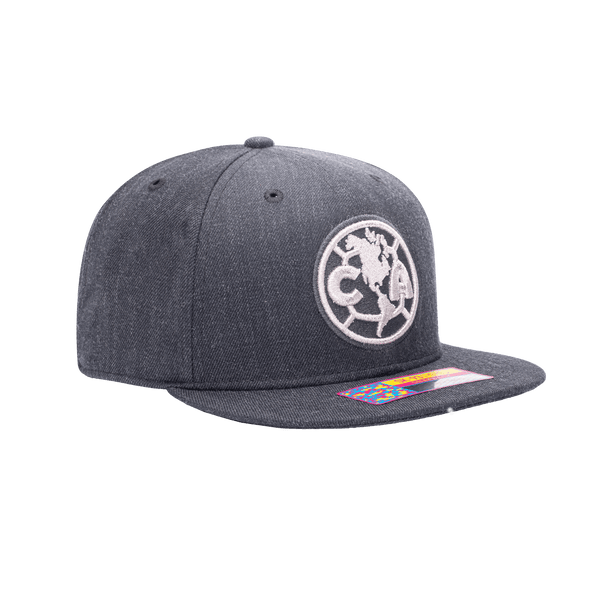 Side view of the Club America Platinum Snapback with high crown, flat peak, and snapback closure, in Grey