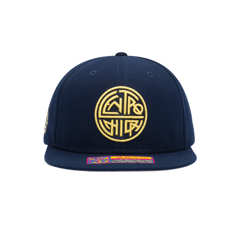 Front view of the Club America 105th Anniversary Retro Snapback with high crown, flat peak, and snapback closure, in Navy.