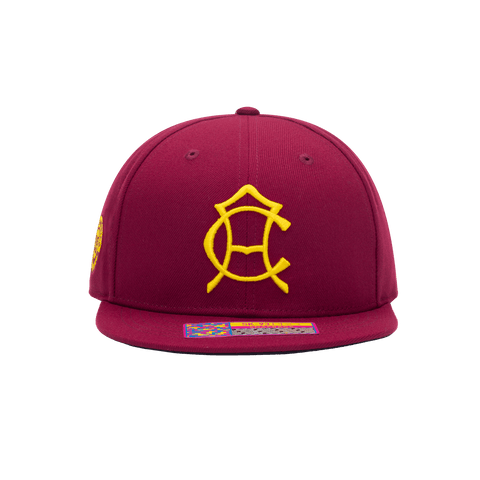 Front view of the Club America 105th Anniversary Retro Snapback with high crown, flat peak, and snapback closure, in Burgundy.