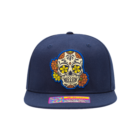 Club America Day of the Dead Snapback Hat with floral skull embroidered on the front, Club America embroidered on the side, "Dia de Muertos" embroidered on the back. The hat has a high crown, flat peak brim, and a snapback closure.