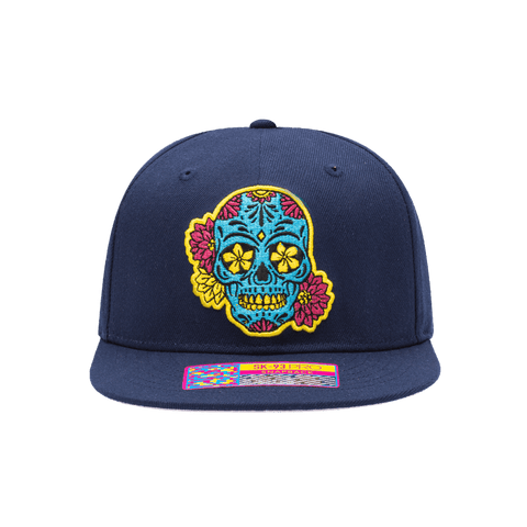 Club America Day of the Dead Snapback Hat with floral skull embroidered on the front, Club America embroidered on the side, "Dia de Muertos" embroidered on the back. The hat has a high crown, flat peak brim, and a snapback closure.