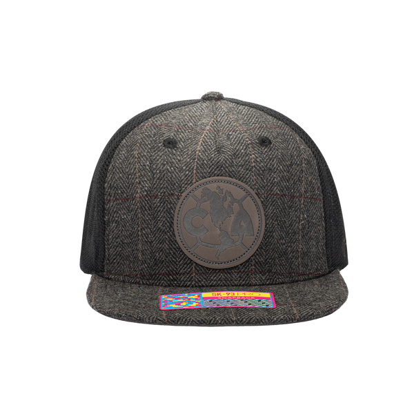 Front view of the Club America Sherlock Snapback in brown tweed with black panels.