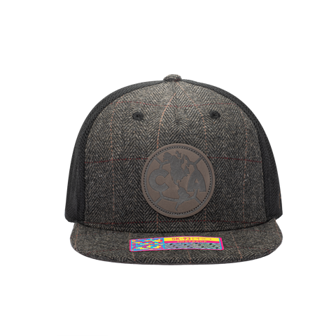 Front view of the Club America Sherlock Snapback in brown tweed with black panels.