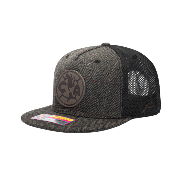 Side view of the Club America Sherlock Snapback in brown tweed with black panels.