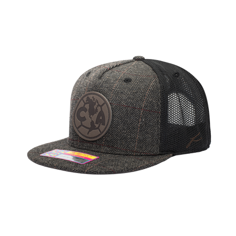 Side view of the Club America Sherlock Snapback in brown tweed with black panels.