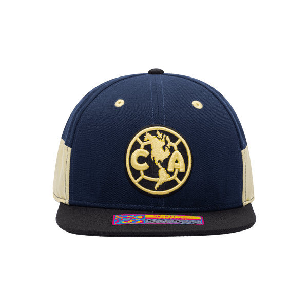 Front view of the Club America Truitt Snapback with high crown, flat peak, and snapback closure, in Navy/Yellow.