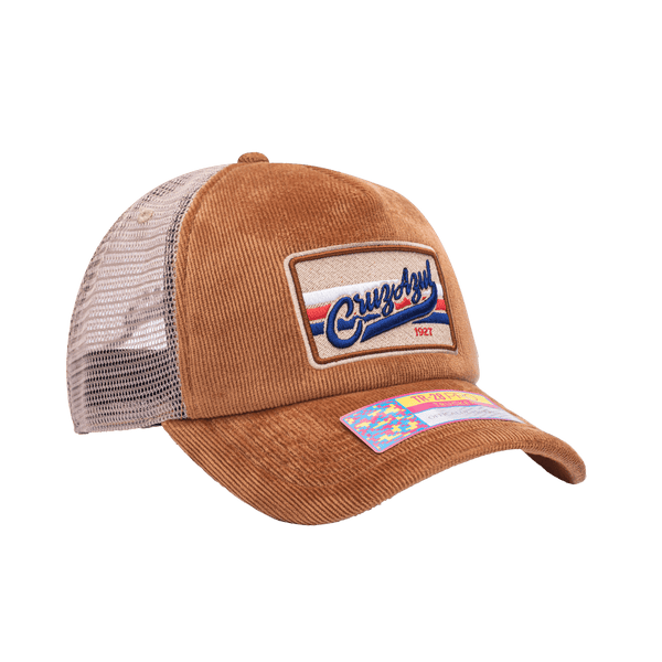 Side view of the Cruz Azul Camionero Trucker with high crown, curved peak, and snapback closure on mesh back, in brown.