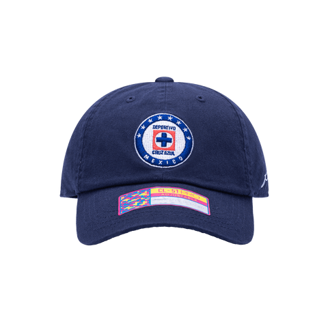 Front view of Cruz Azul Bambo Classic hat with low unstructured crown, curved peak brim, and buckle closure, in navy.