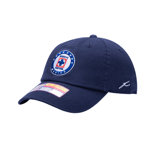 Side view of Cruz Azul Bambo Classic hat with low unstructured crown, curved peak brim, and buckle closure, in navy.