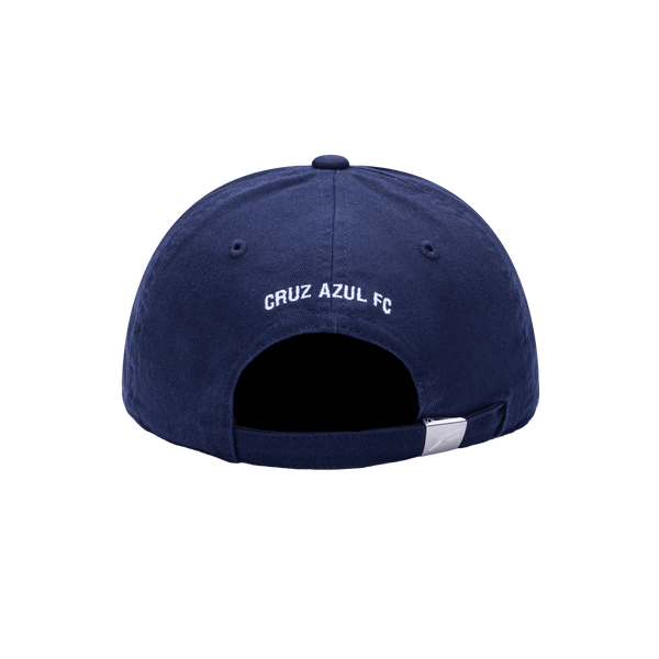 Back view of Cruz Azul Bambo Classic hat with low unstructured crown, curved peak brim, and buckle closure, in navy.