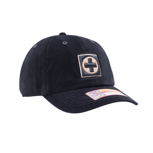 Cruz Azul Princeton Classic Hat in soft fine wale corduroy construction, unstructured low crown, curved peak brim, adjustable flip buckle closure, front embroidered wool backed applique patch with merrowed edges, back embroidered club name, in navy.