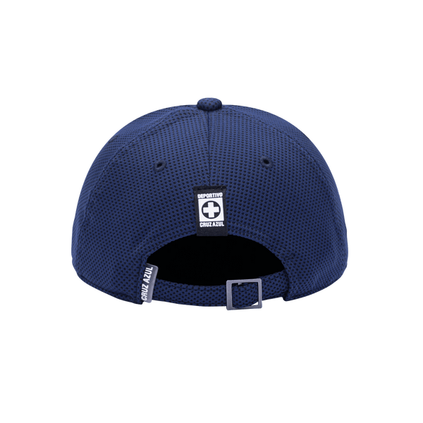 Back view of the Cruz Azul Trophy Adjustable hat with mid constructured crown, curved peak brim, and slider buckle closure, in Navy.