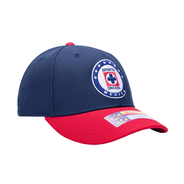 Side view of the Cruz Azul Core Adjustable hat with mid constructured crown, cruved peak brim, and slider buckle closure, in Navy/Red.