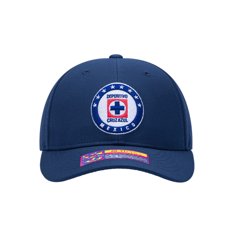 Front view of the Cruz Azul Standard Adjustable hat with mid constructured crown, curved peak brim, and slider buckle closure, in Navy.