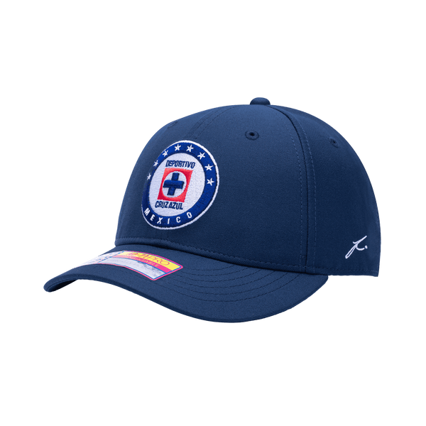 Side view of the Cruz Azul Standard Adjustable hat with mid constructured crown, curved peak brim, and slider buckle closure, in Navy.