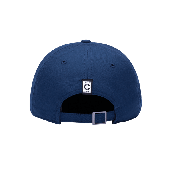 Back view of the Cruz Azul Standard Adjustable hat with mid constructured crown, curved peak brim, and slider buckle closure, in Navy.
