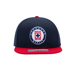 Front view of the Cruz Azul Team Snapback with high structured crown, flat peak brim, and snapback closure, in Navy/Red.
