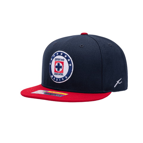 Side view of the Cruz Azul Team Snapback with high structured crown, flat peak brim, and snapback closure, in Navy/Red.