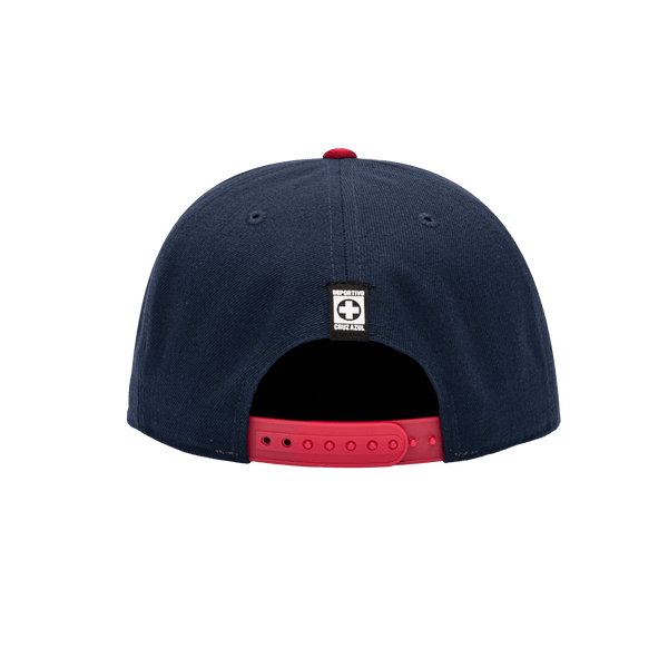 Back view of the Cruz Azul Team Snapback with high structured crown, flat peak brim, and snapback closure, in Navy/Red.
