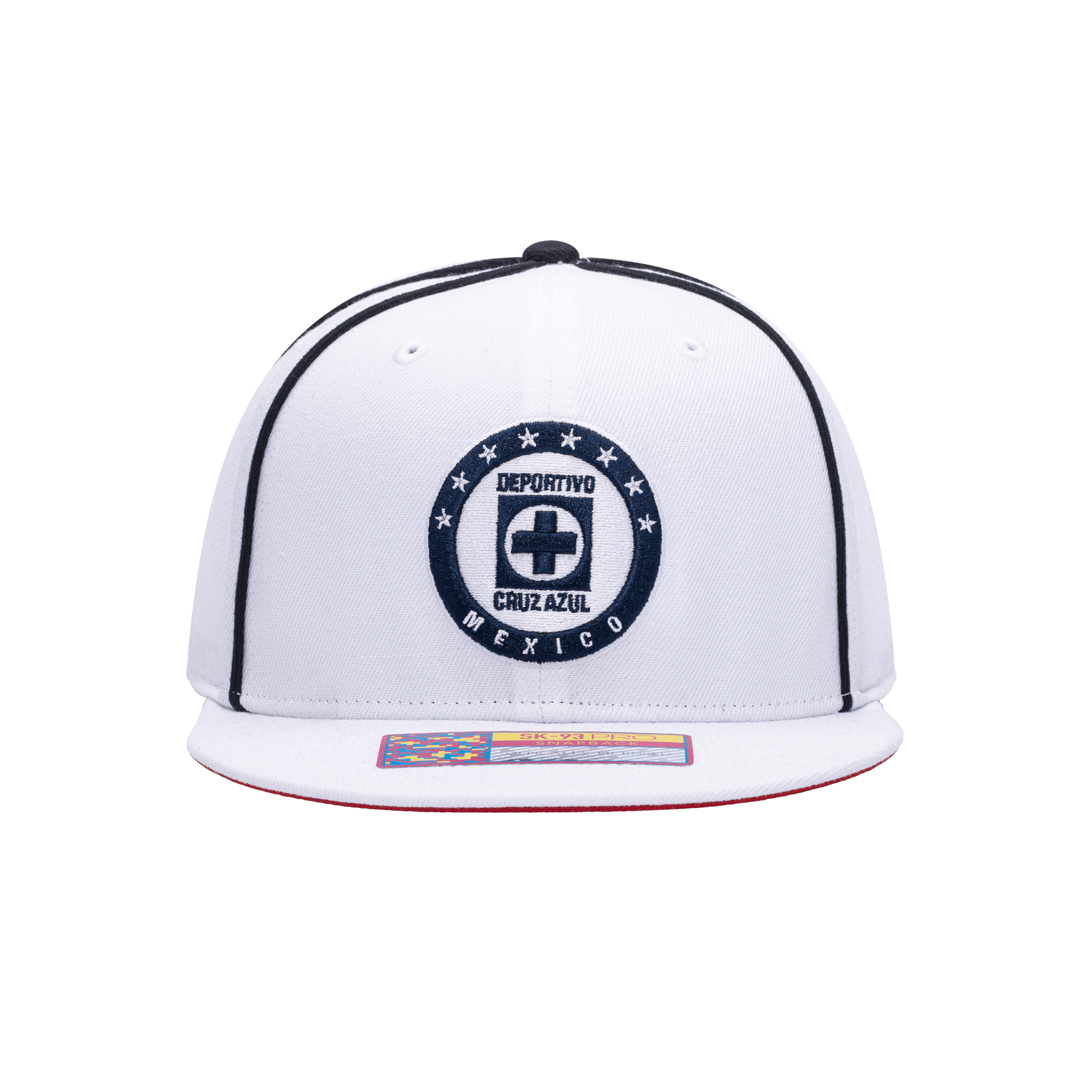 Front view of the Cruz Azul Cali Day Snapback with high crown, flat peak, and snapback closure, in white/black.