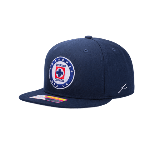 Side view of the Cruz Azul Dawn Snapback with high structured crown, flat peak brim, and snapback closure, in Navy.