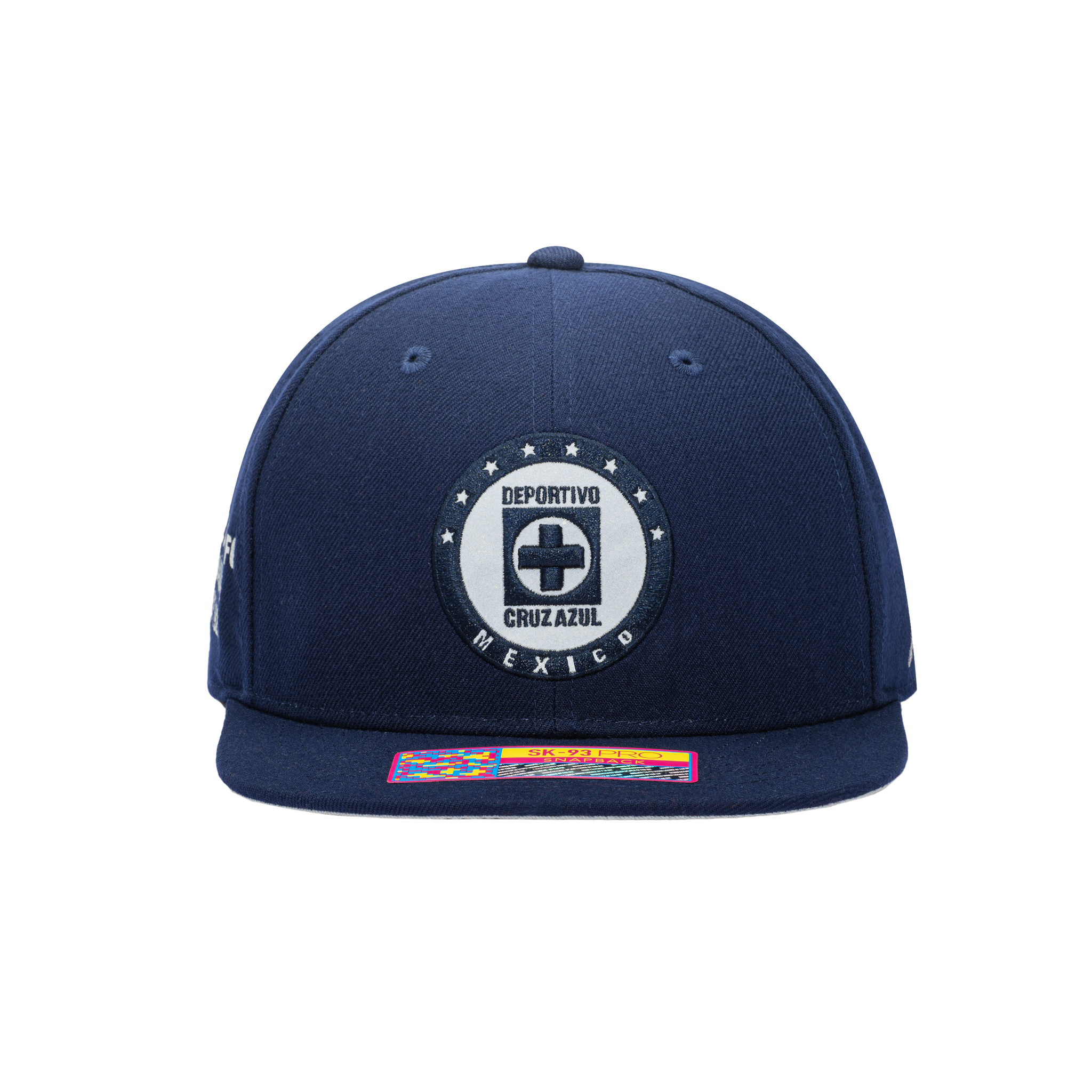 Front view of the Cruz Azul Braveheart Snapback with flat peak and high crown in blue.