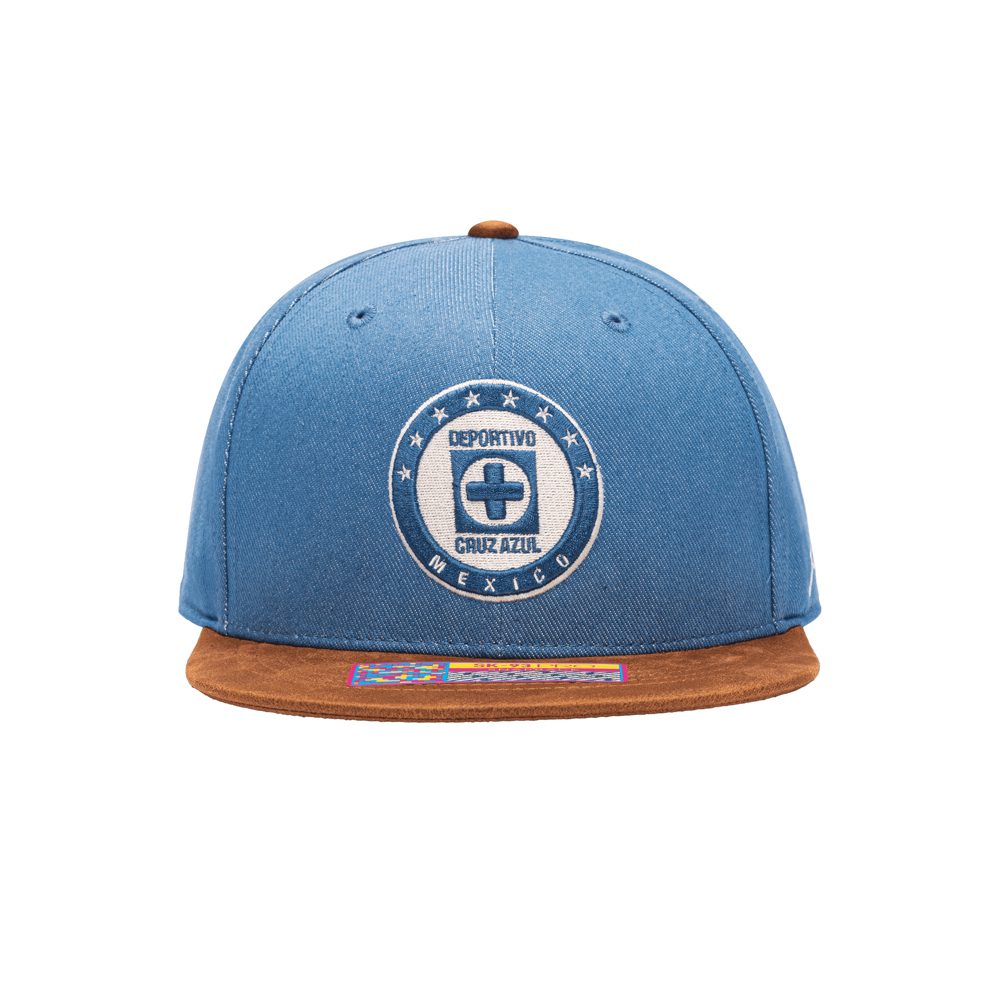 Front view of the Cruz Azul Orion Snapback with high structured crown, flat peak suede-like brim, and snapback closure, in Blue/Brown.