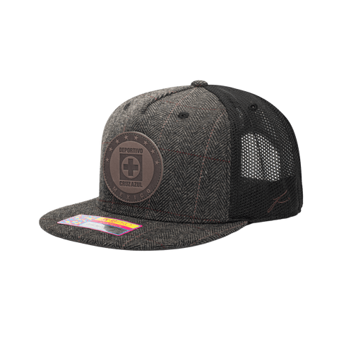 Side view of the Cruz Azul Sherlock Snapback with high crown, flat peak, and snapback closure, in Grey/Black