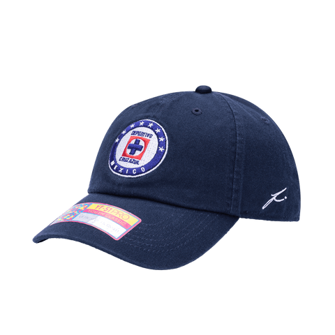 View of left side of blue Cruz Azul Bambo Kids Classic with Fi branded stitching