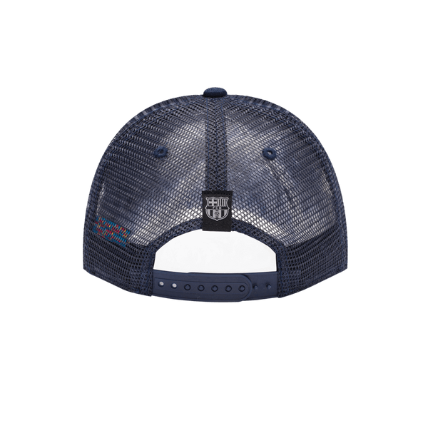 FC Barcelona Pride Trucker with mid crown, curved peak brim, mesh back, and snapback closure, in Navy