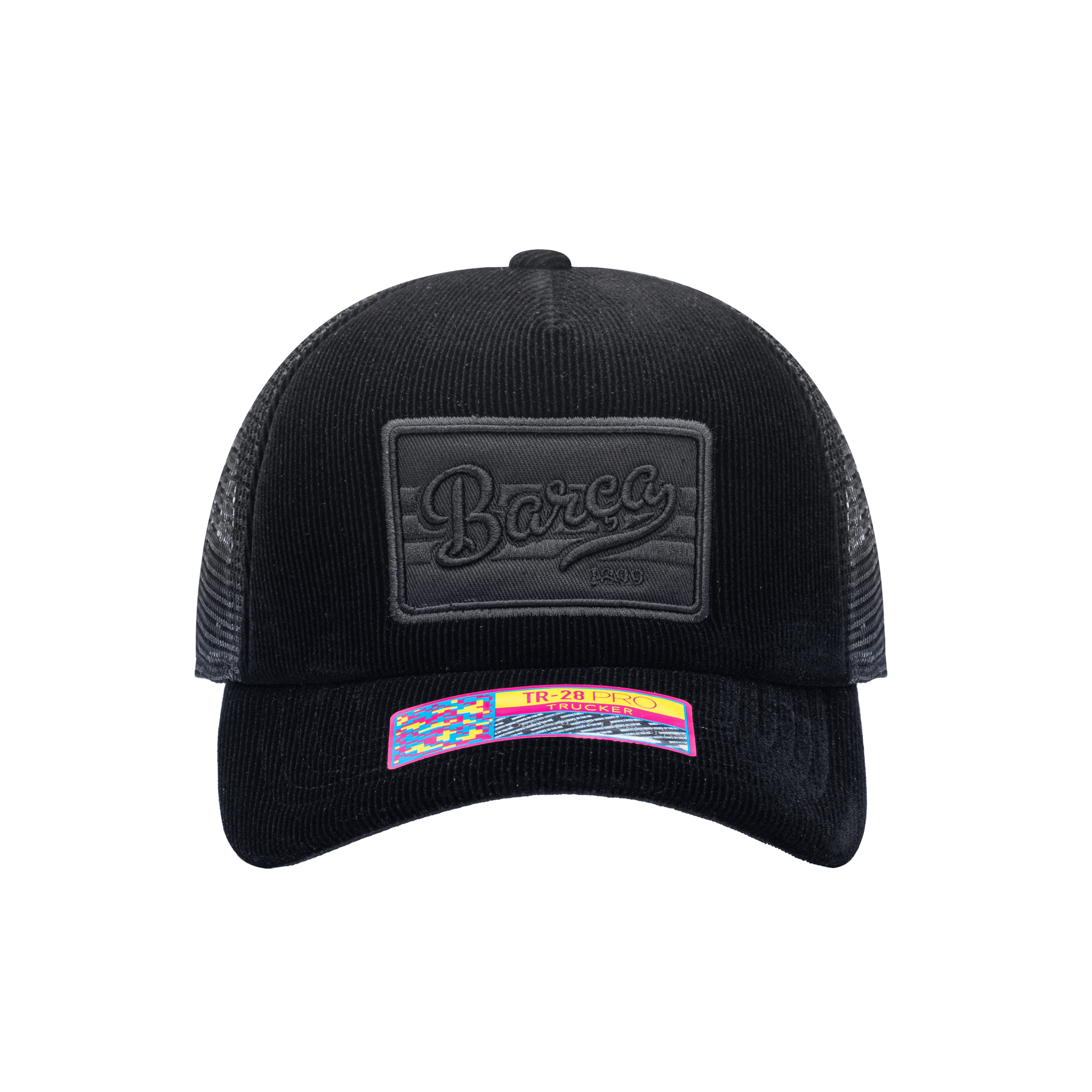 Front view of the FC Barcelona Signature Trucker with high crown, curved peak, and snapback closure on mesh back, in black.