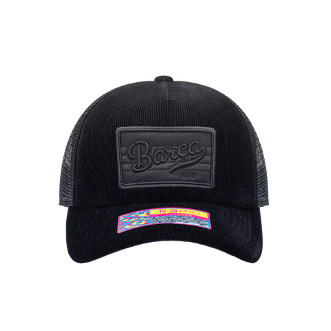 Front view of the FC Barcelona Signature Trucker with high crown, curved peak, and snapback closure on mesh back, in black.