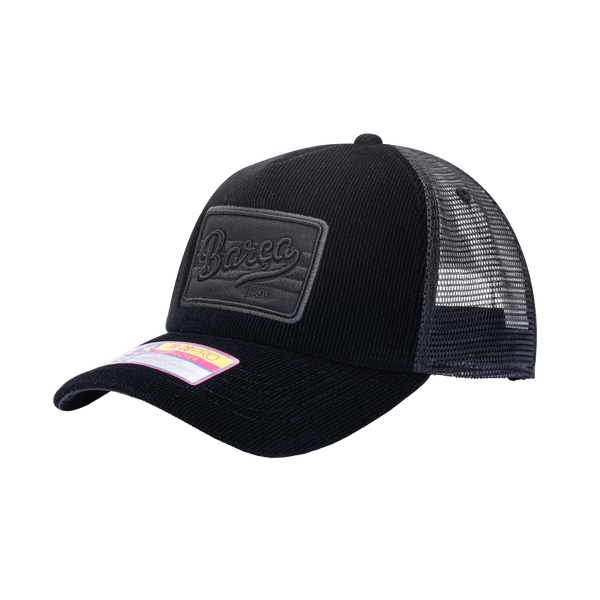 Side view of the FC Barcelona Signature Trucker with high crown, curved peak, and snapback closure on mesh back, in black.